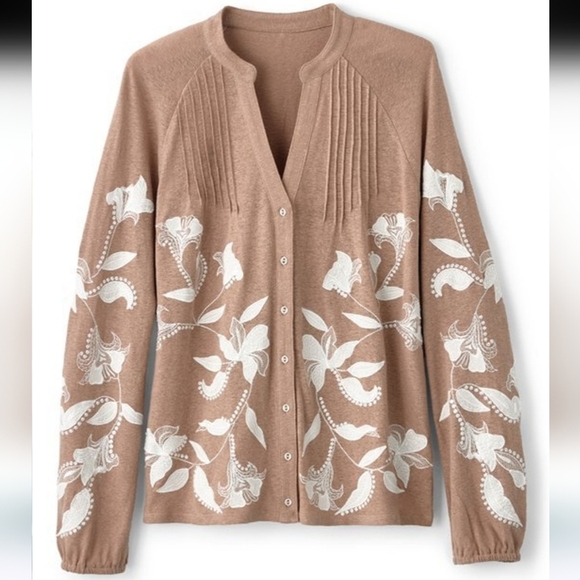 Soft Surroundings Alva Embroidered Knit Top Boho Balloon Sleeve Button Front L - Picture 3 of 13